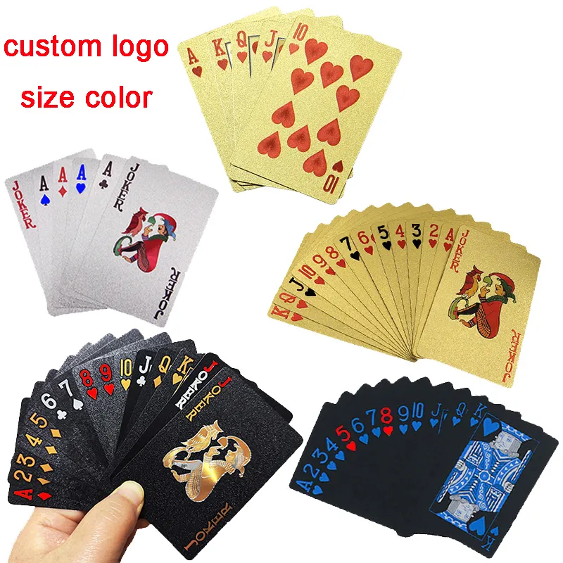 Cartas de jogo de poker folheadas a ouro, cartas personalizadas de 100 dólar, versões diferentes de plástico, 500, logotipo personalizado, tamanho vermelho