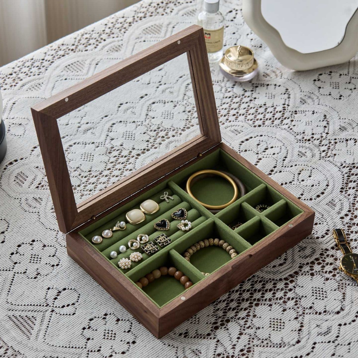 Olive green walnut jewelry box