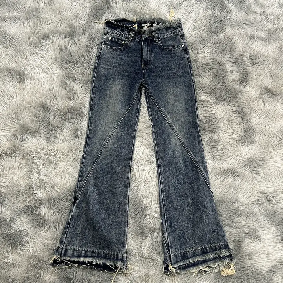 Denimmon Fashion Denim Streetwear Jeans kustom pinggang robek pria robek celana Jeans berkobar