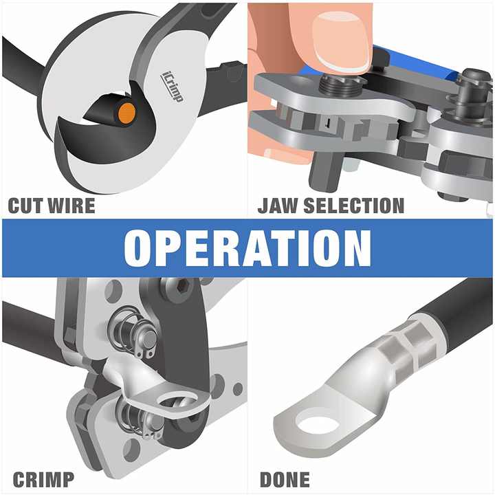Battery Cable Lug Crimping Tool for 8, 6, 4, 2, 1, 1/0 AWG Heavy Duty Wire Lugs with Wire Shear Cutter