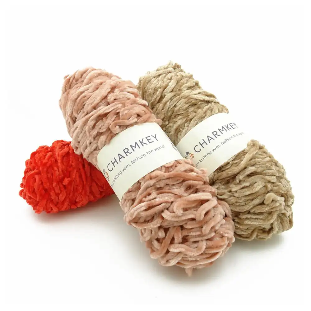 Charmkey 100% polyester dünne chenille garn einfarbig garn für stricken decke