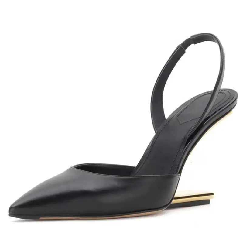 Zapatos de tacón alto metalizados para mujer, sandalias sexys con corte en V para fiesta, talón descubierto, cuero genuino, punta estrecha, color negro