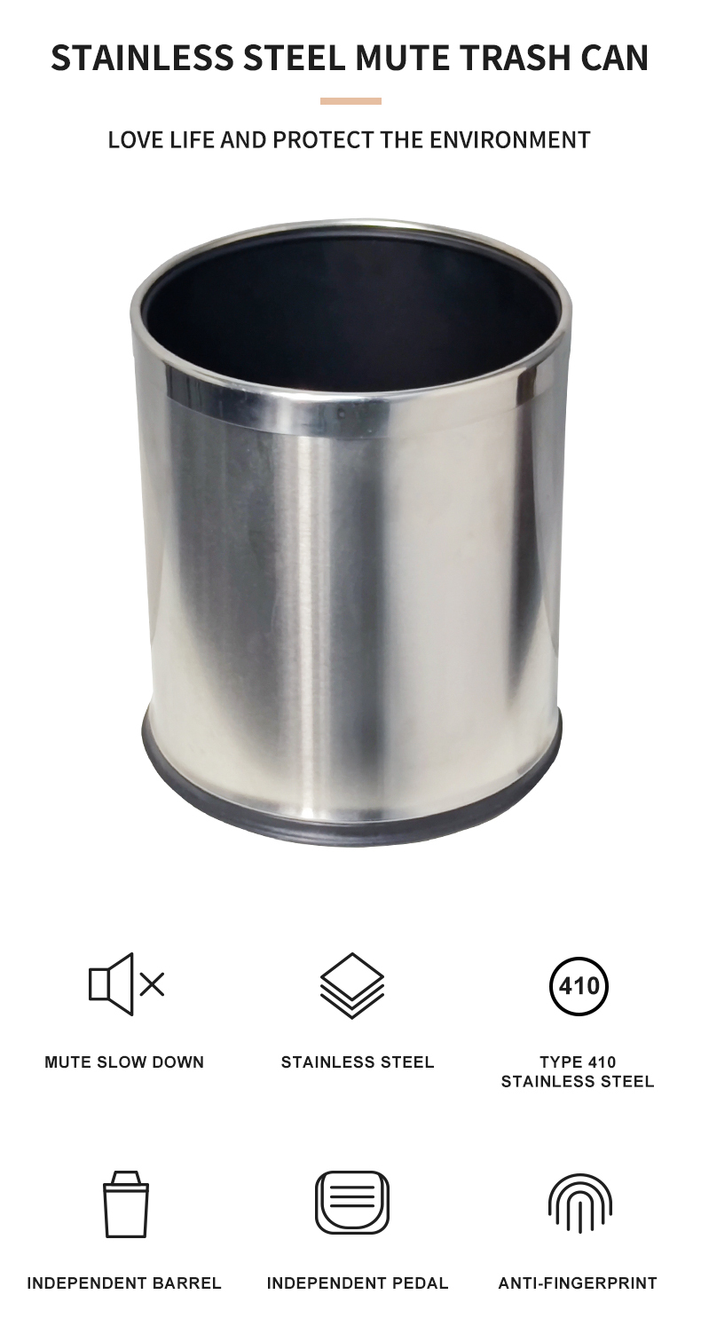 10L lidless Bathroom Household kitchen Cleaning Tools  Stainless Steel Foot Pedal Trash Can Waste