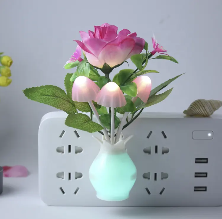 Beautiful Mushroom Rose Shape Color Changing Flower Night Light Plug-in Led Night Light Vase Lamp for Room