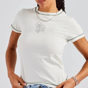Elmas özel Logo rahat pamuk kadın T-Shirt kontrast dikiş ile yumuşak moda ekip boyun taklidi kadın T-Shirt