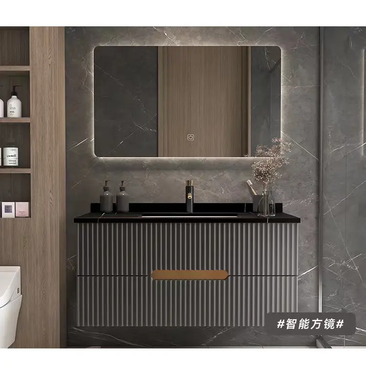 Tocador moderno de lujo montado en la pared para baño, de cierre suave con cajón, puerta de madera maciza, placa de roca, mesa, espejo LED