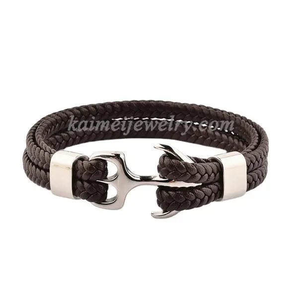 Pulsera de cuero trenzado con ancla de acero inoxidable para hombre, accesorio de lujo con acabado alto