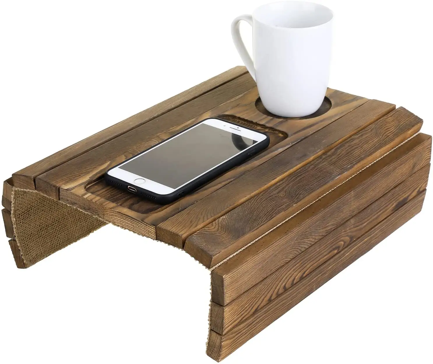 Sofá Flexible de madera maciza, bandeja de brazo con taza y mando a distancia para TV, color marrón oscuro