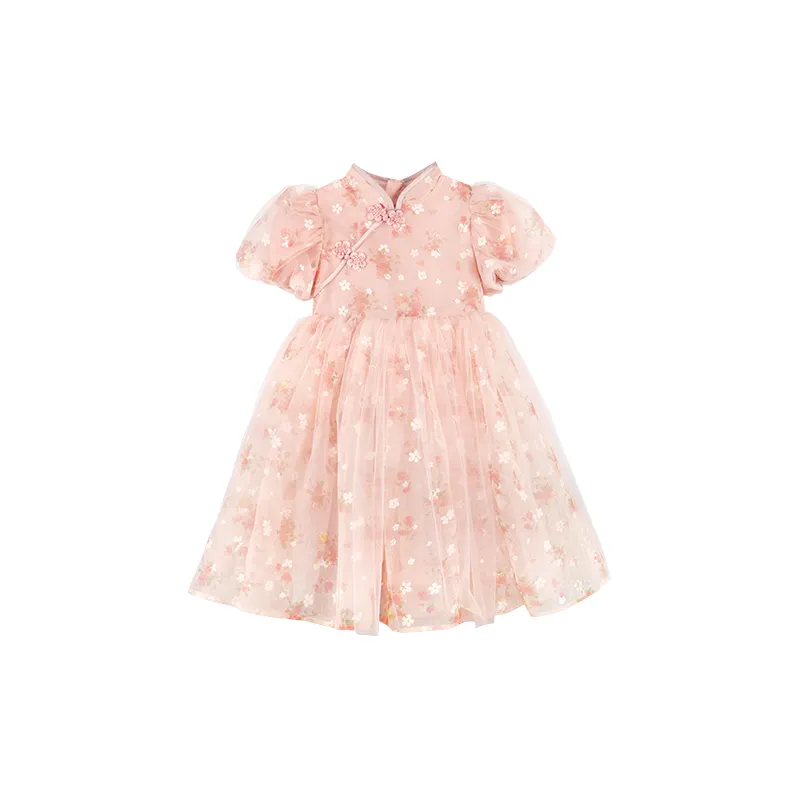 Gaun anak perempuan/cheongsam Qipao, Set gaun gaya katun untuk anak perempuan anak-anak penuh produsen gaun bola merah muda cerah