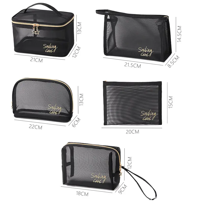 여행용 메쉬 파우치 나일론 화장품 가방 지퍼가 달린 블랙 클리어 메이크업 보관 가방 맞춤형 로고가있는 OEM 메쉬 가방