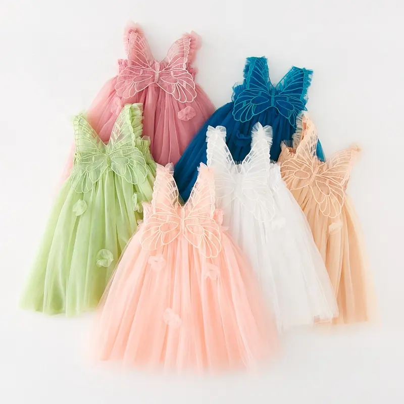 Nuovo vestito per ragazze farfalla 2024 il compleanno della maglia dolce della garza del bambino vestito da principessa del partito per la ragazza