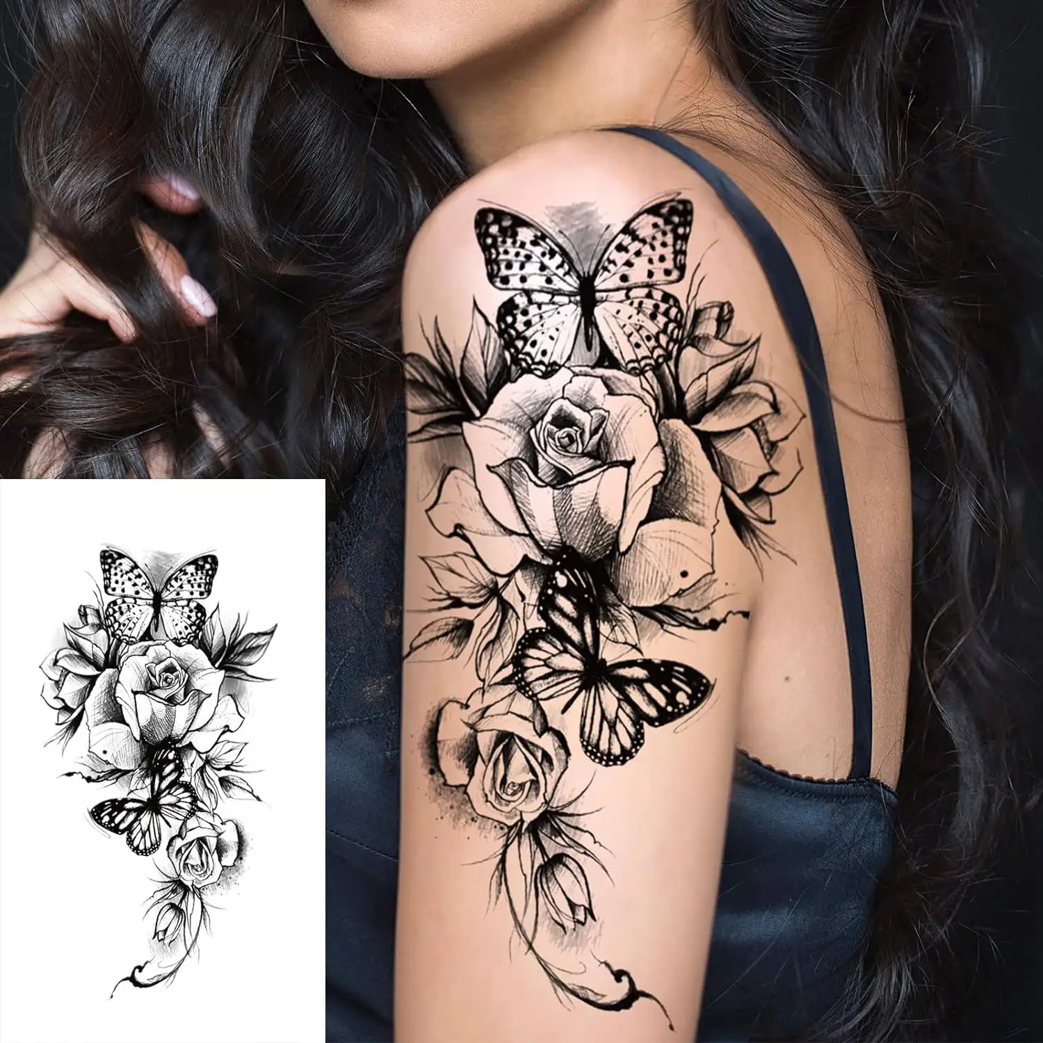 3D réaliste jambe croquis sexy fille femmes temporaire noir rose fleur géométrique tatouage autocollants