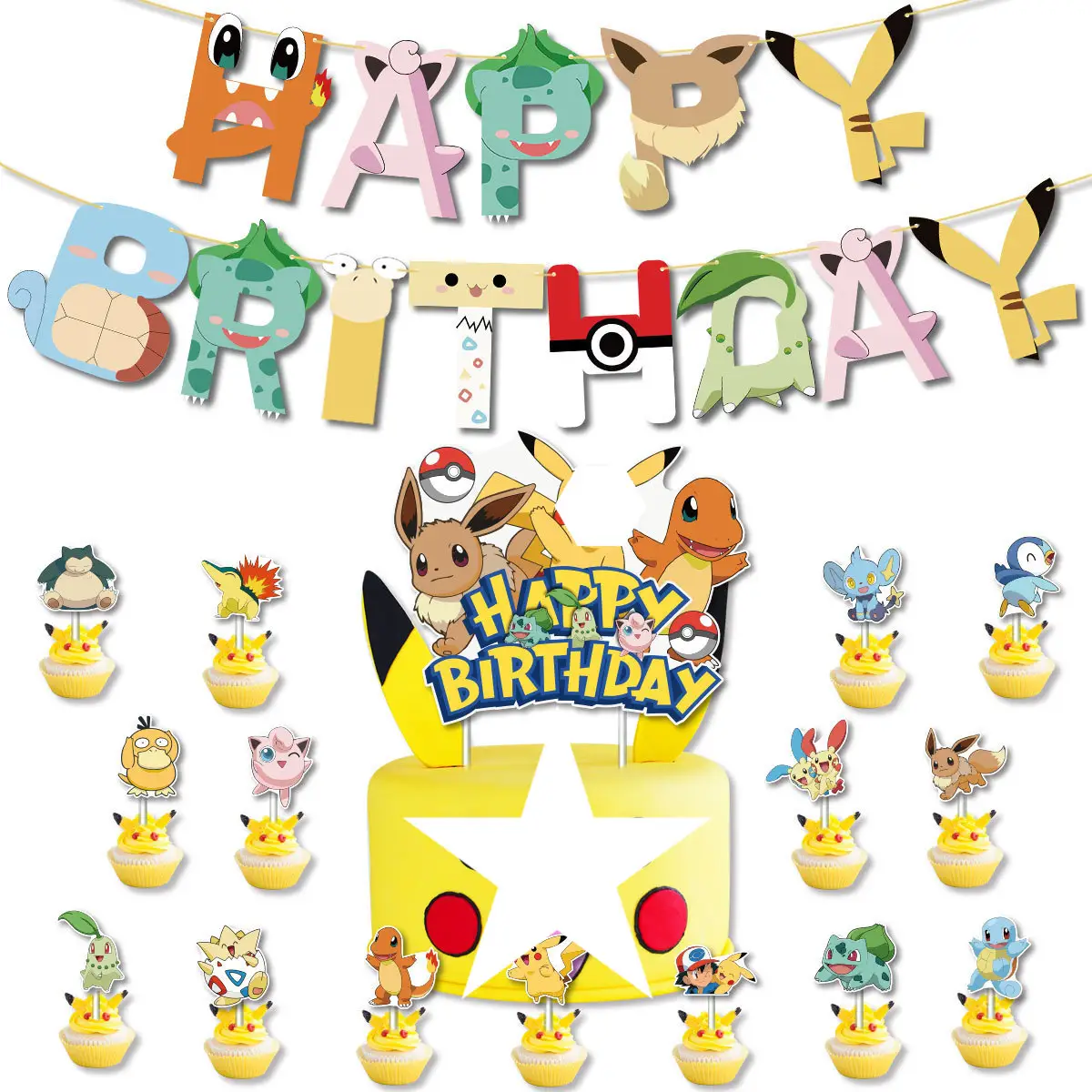 Poke Cake Flag Set Pokemoned Theme Birthday Party Decoração Feliz Aniversário Eevee Cake Topper Suprimentos