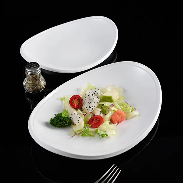 Platos de comida de plástico blanco en forma de barco para restaurante, boda, hotel, platos de vajilla de melamina ecológicos