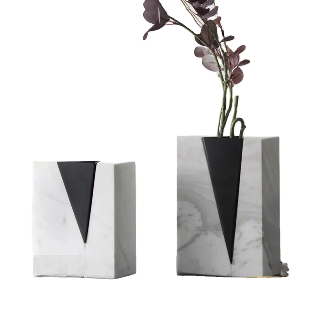 Toptan yaratıcı kare çiçek vazo beyaz mermer vazo oturma odası dekorasyon için