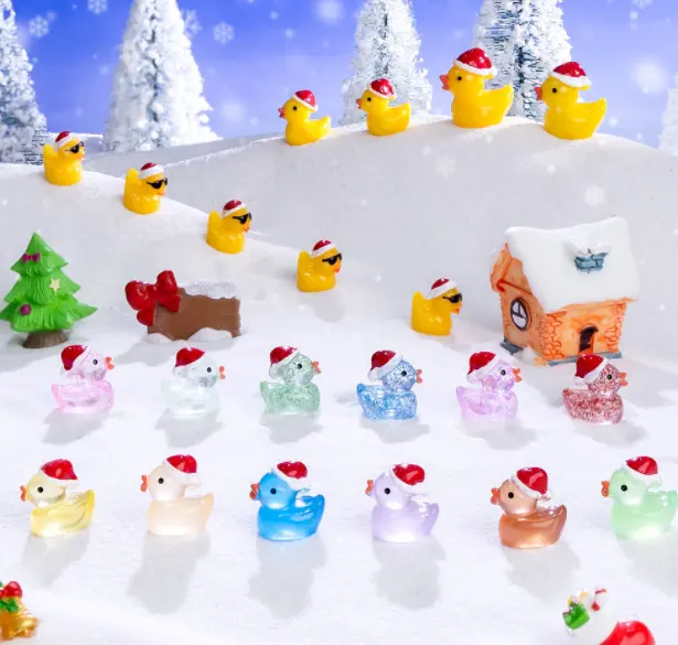 Lumineux Kawaii DIY Résine Artisanat Décor réaliste Jaune blanc Canard avec chapeau de Noël Fée Jardin figurines miniatures enfant jouet