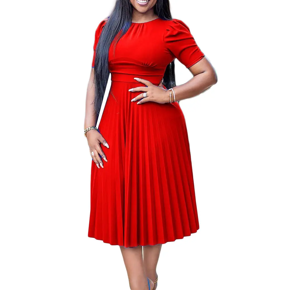 Dropshipping 2023 Summer Red Lovely A Line abito pieghettato Ladies Office Dress African Women Casual Dresses