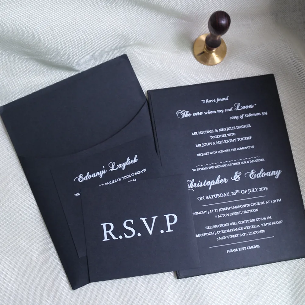 تصميم بسيط أسود اللون دعوة الزفاف مع ظرف جيب ل حفل زواج