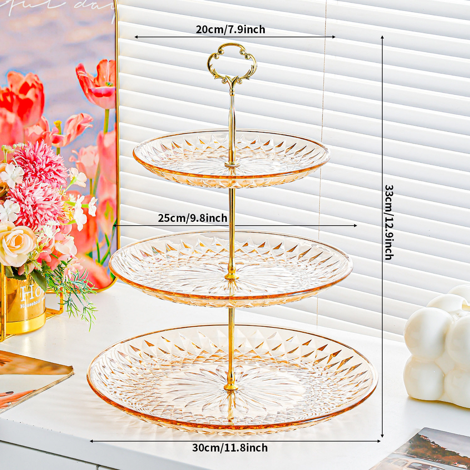 จานผลไม้แอมเบอร์ไดมอนด์ 3 ชั้น 20 x 25 x 30 ซม