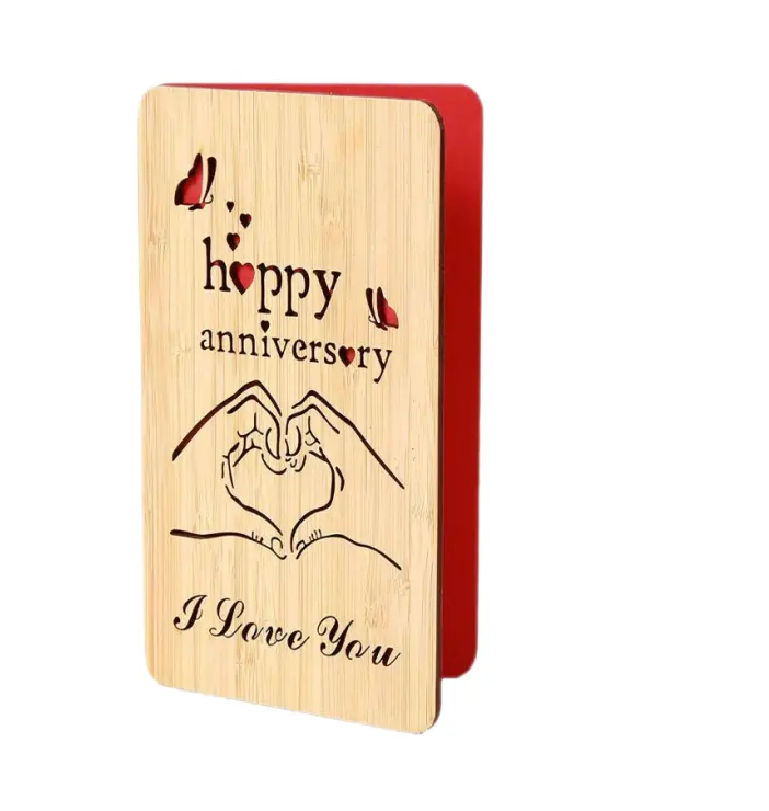 Tarjeta de aniversario de madera I love you, tarjeta de felicitación minimalista hecha a mano de bambú auténtico y madera