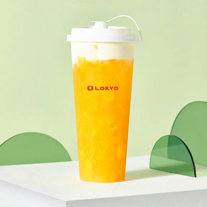 LOKYO Nuevo diseño 500ml té de burbujas 95mm PP tazas mango Shake taza de plástico desechable personalizada con tapas