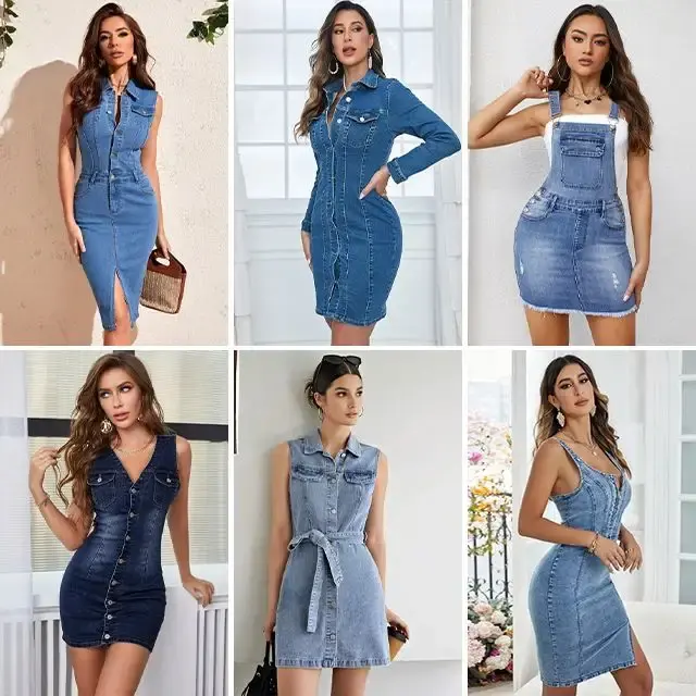 Venta al por mayor de bajo precio de promoción de moda de lavado de mezclilla de manga corta Vestido de niña Ropa de Stock