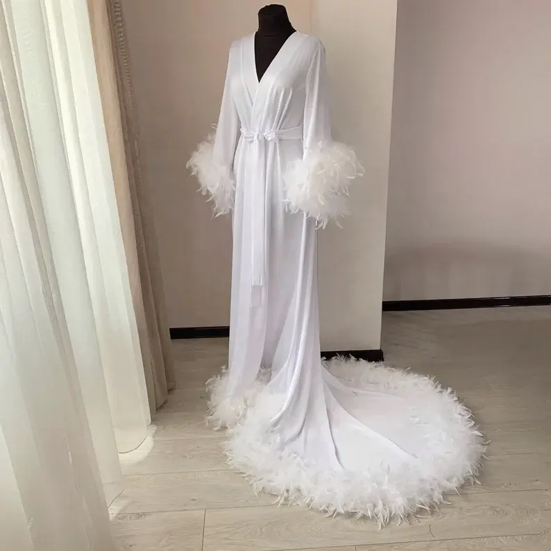 रुओलाई ASWB010 गर्भवती महिलाओं के लिए सफेद पंख वाली लंबी ट्रेन वी-गर्दन लंबी आस्तीन वाली साधारण साटन शादी की पोशाक