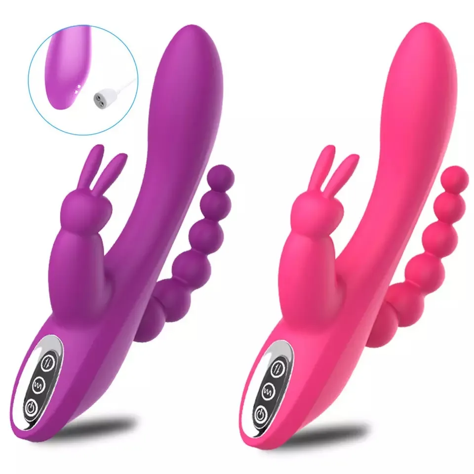 Consolador Anal de conejo 3 en 1 para mujer, Juguetes sexuales para adultos con 7 modos de vibración, de silicona, resistente al agua, recargable