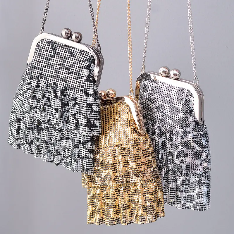 Sıcak satış bayanlar parti baskılı leopar baskı alüminyum levha saf el yapımı omuz çantası bayanlar akşam debriyaj