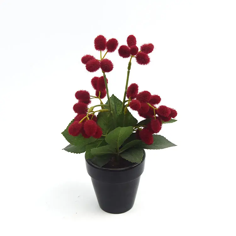 Decoración interior rojo mini bola peluda en forma de flores artificiales plantas de plástico en maceta