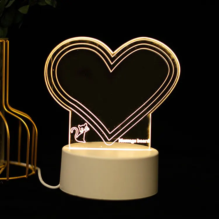 Sáng tạo rewritable Memo 3D Acrylic đèn bàn cá nhân trái tim trống tin nhắn bảng Lưu ý Board viết LED ánh sáng ban đêm với cơ sở