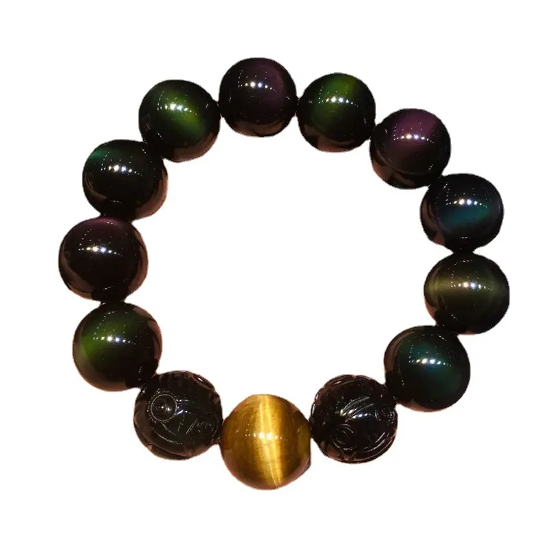 Bracelet à une boucle en obsidienne naturelle à double couleur en gros perles rondes style simple et adapté à l'envoi de cadeaux