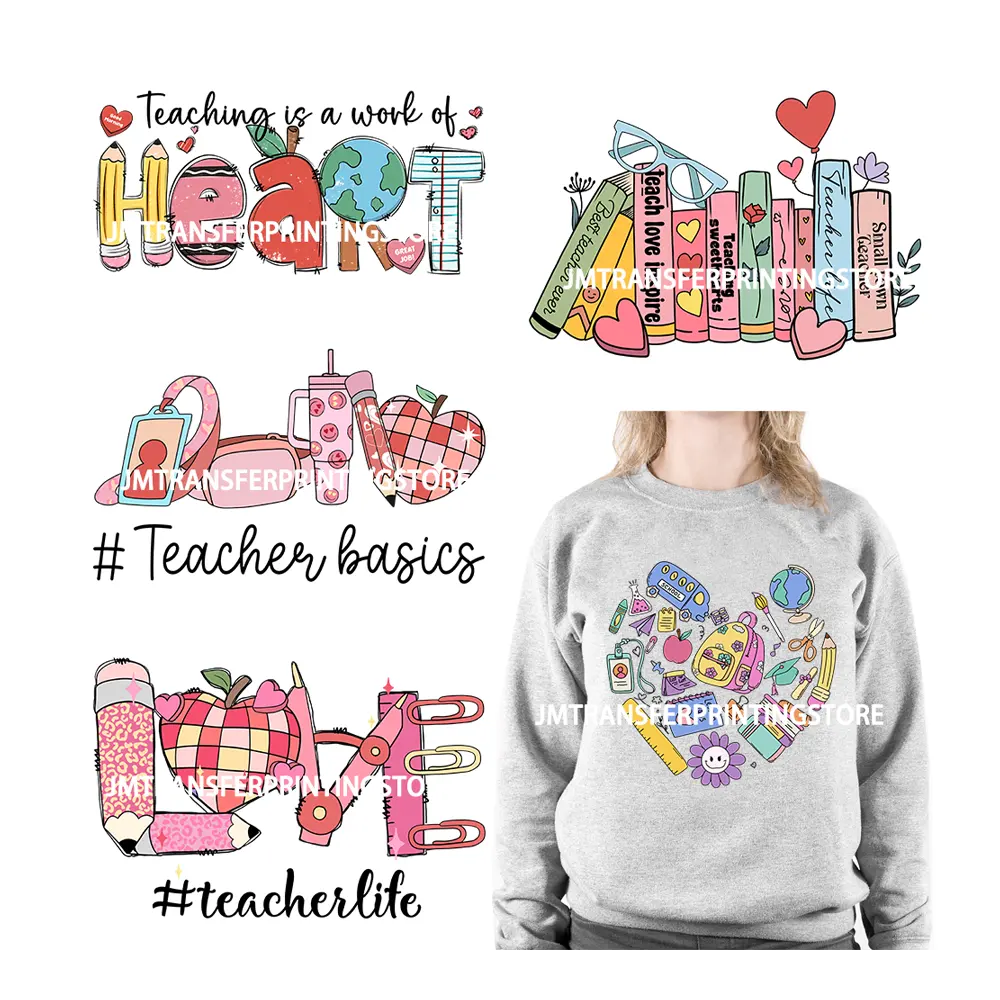 L'enseignement est une œuvre de coeur Print Designs Love Teacherlife Books Meilleur enseignant jamais repasser sur des autocollants de transfert DTF pour sweat-shirt