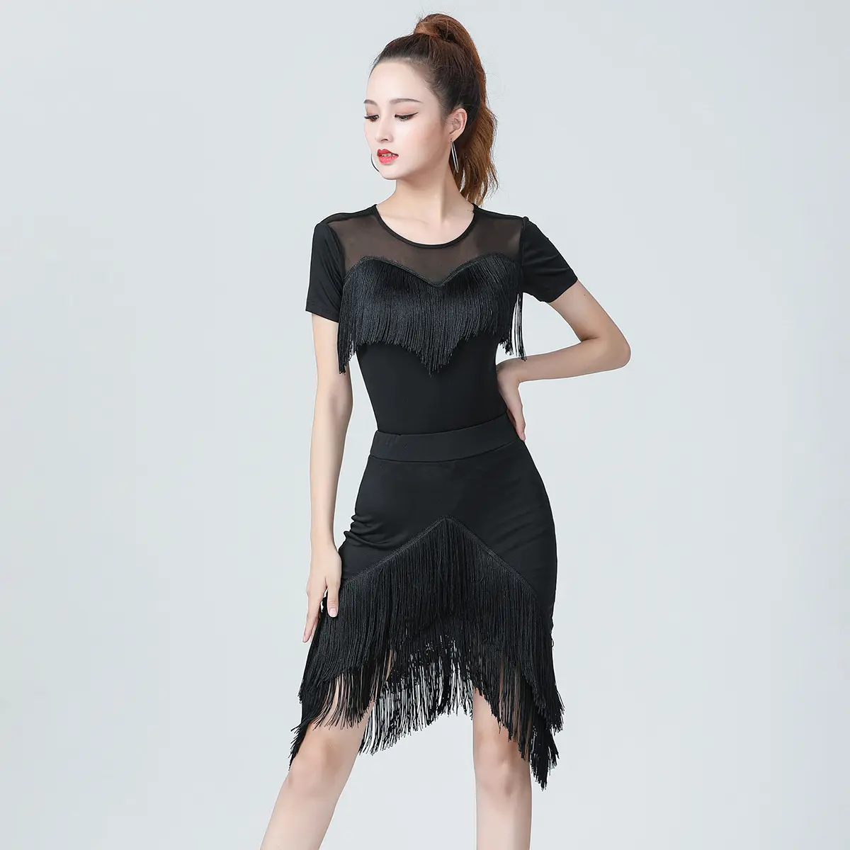 Latin dance dress female adult 2023 four seasons new high-end thin short sleeve irregular fringe skirt training clothing