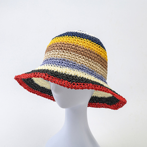 <strong>Rainbow</strong> Striped Crochet Bucket Hat Breathable Handmade Straw Beach Hat for Women - Product Image 2