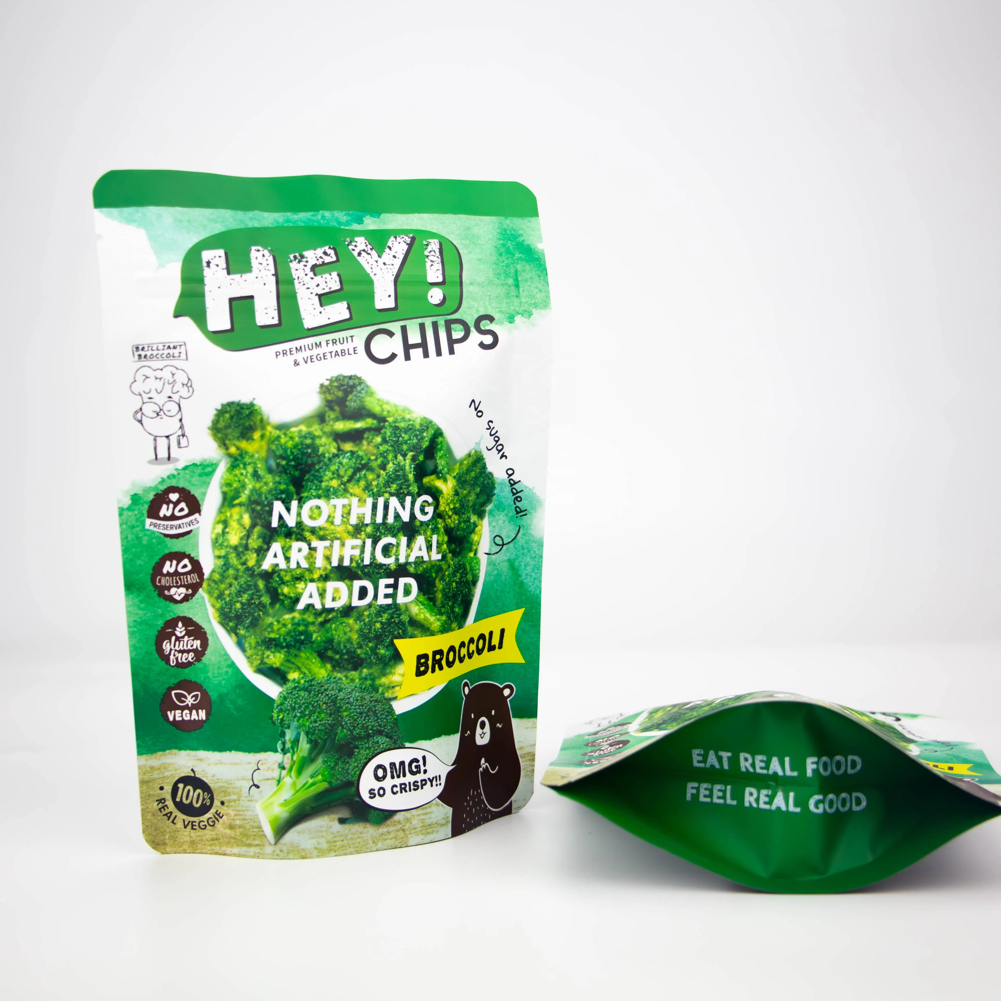 Bolsa de papel de aluminio con bolsa de pie de brócoli liofilizado verde mate personalizada con parte superior con cremallera para chips de dulces vegetales