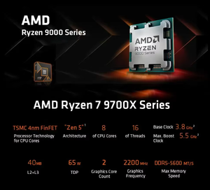 R-yzen 7 9700X Procesador R7 9700X 5,5 GHz 8 Core 16 Thread 40MB Game Cache 4NM TDP 65W Socket AM5 Gaming CPU - Product Image 2