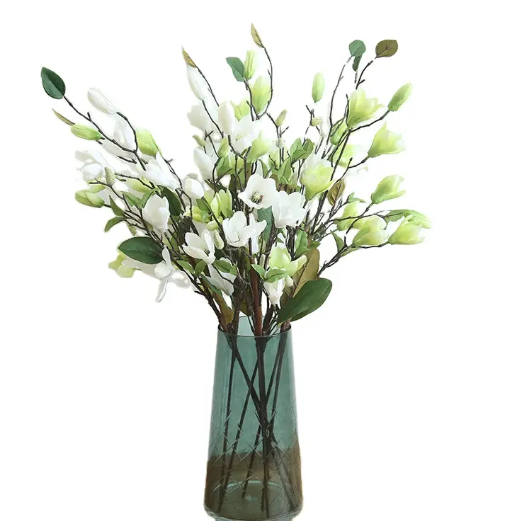 Venda quente de 76 cm por atacado, haste única de 9 cabeças, flor artificial de magnólia de seda para decoração de casa, ideal para decoração de casa