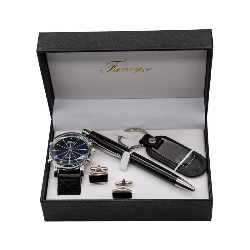 Wholesale new creative four-piece watch cuff pen key chain classical gift box set for men