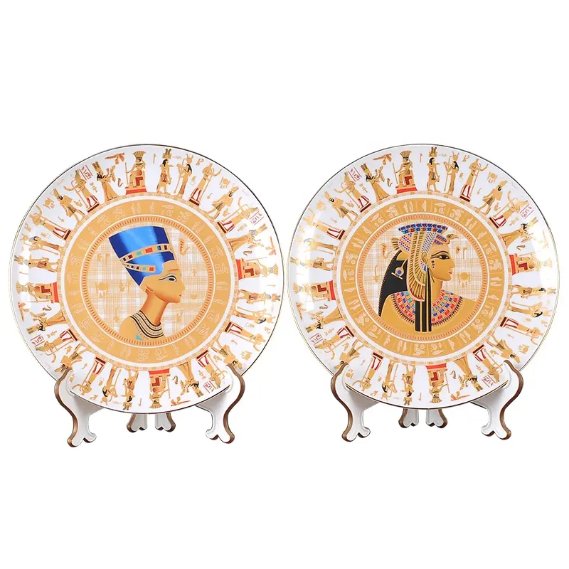 Plaque de pharaon égyptien en céramique dorée arabe, 1 pièce, plat, ornements en porcelaine pour le salon, avec logo personnalisé