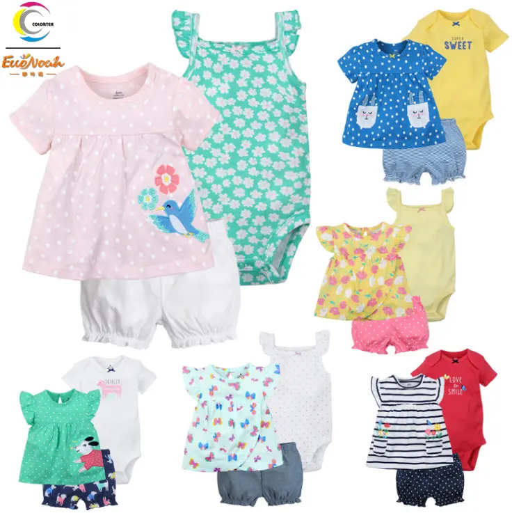 Conjunto de roupas de verão para bebês meninas, 3 pçs, camiseta e calça, body com alças, conjuntos de roupas para meninas, verão