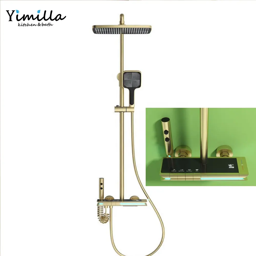 thermostatic shower set wall mounted brass bath mixer brushed gold digital design waterfall shower set with spray