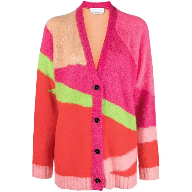 Produttori di maglieria personalizzato 2023 primavera casual color blocking maglione di lana cardigan lavorato a maglia da donna maglione lavorato a maglia da donna ca