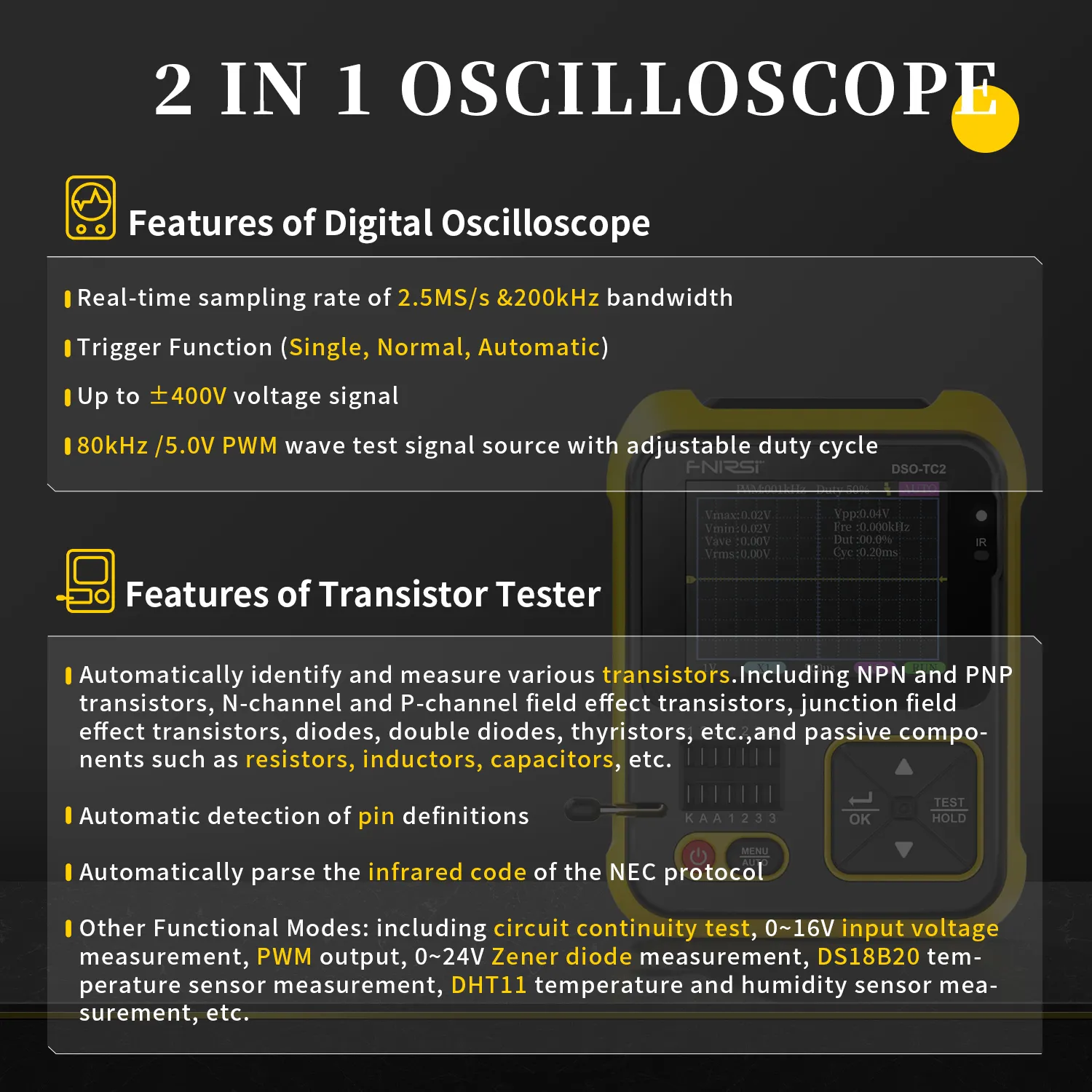 Fnirsi כף יד דיגיטלי אוסצילוסקופ Lcr מטר שני-in-one DSO-TC2 נייד אלקטרוני Diy מכשיר בדיקה