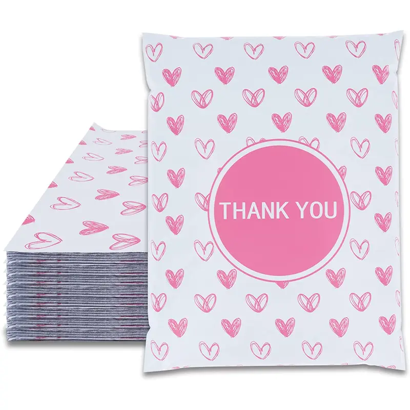 Logo personnalisé rose petit coeur poly mail merci emballage plastique sacs d'expédition 5x8 emballage logistique pour vêtements