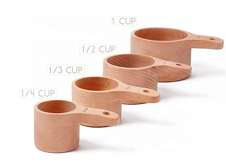 4-टुकड़ा लकड़ी मापने वाला कप और चम्मच सेट, हाथ से बने प्राकृतिक लकड़ी मापने वाला कप और चम्मच बेकिंग उपकरण सेट