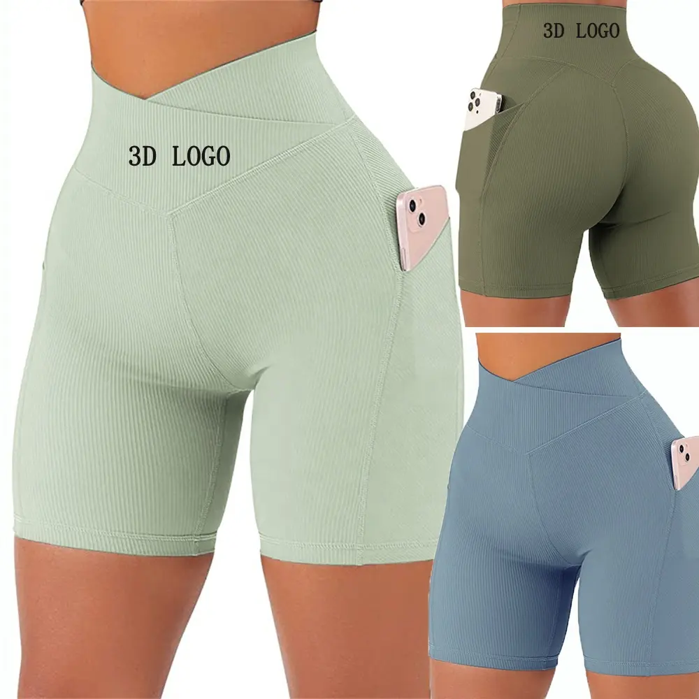 Leggings da donna Ropa personalizzati Logo 3D stampa a coste Nylon Spandex Biker pantaloncini da donna bottino