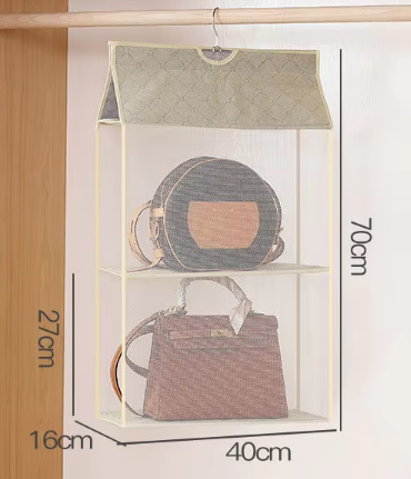 Sac de rangement suspendu beige à double épaisseur et motif tridimensionnel.