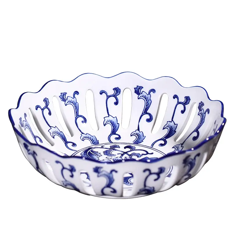 Wholesale ceramic handmade blue and white desert fruit bowl fruit food serving bowl for home decor