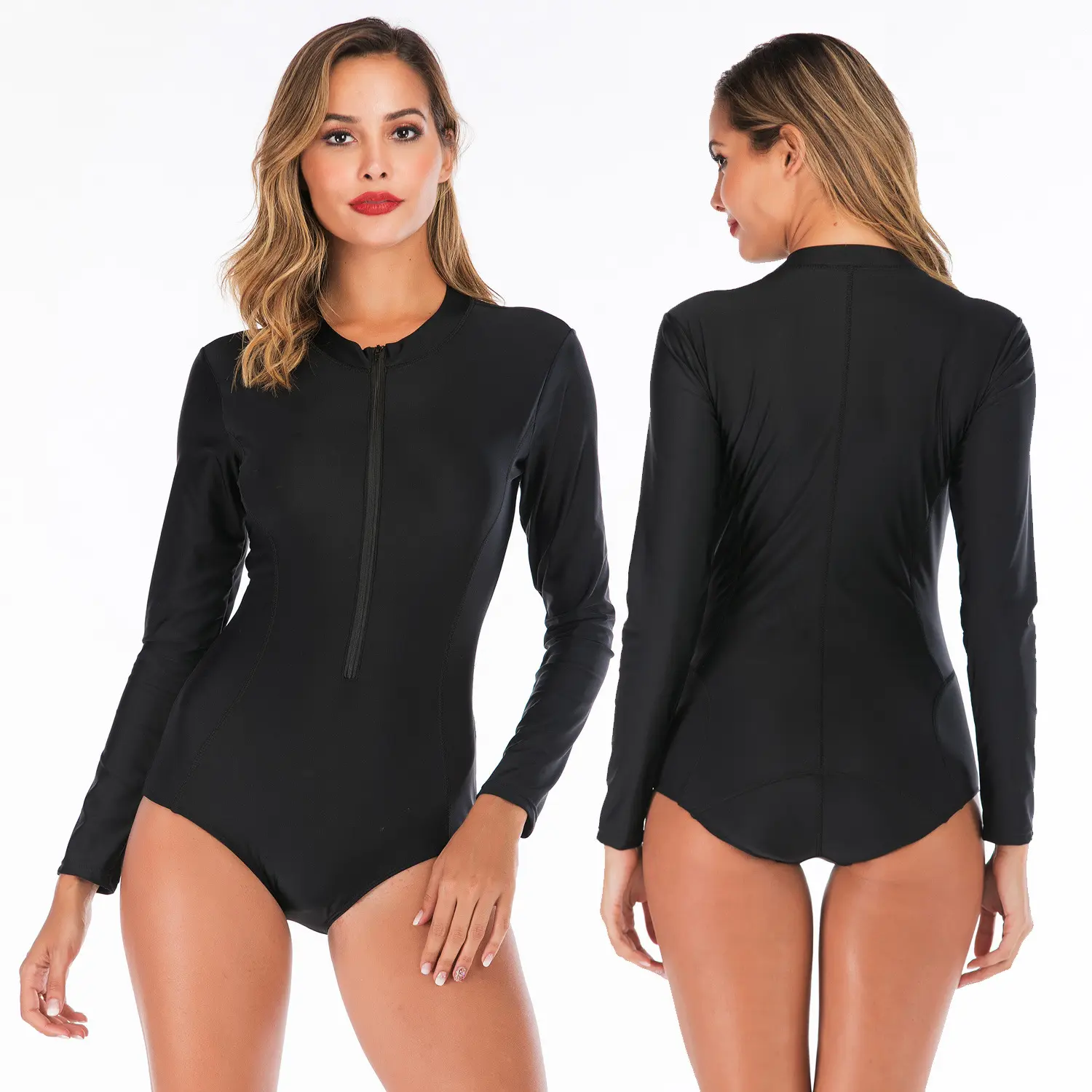 US Estilo Europeu Sólido Preto Uma Peça Mangas Compridas Rash Guards Swimsuit Modest Swimwear para As Mulheres